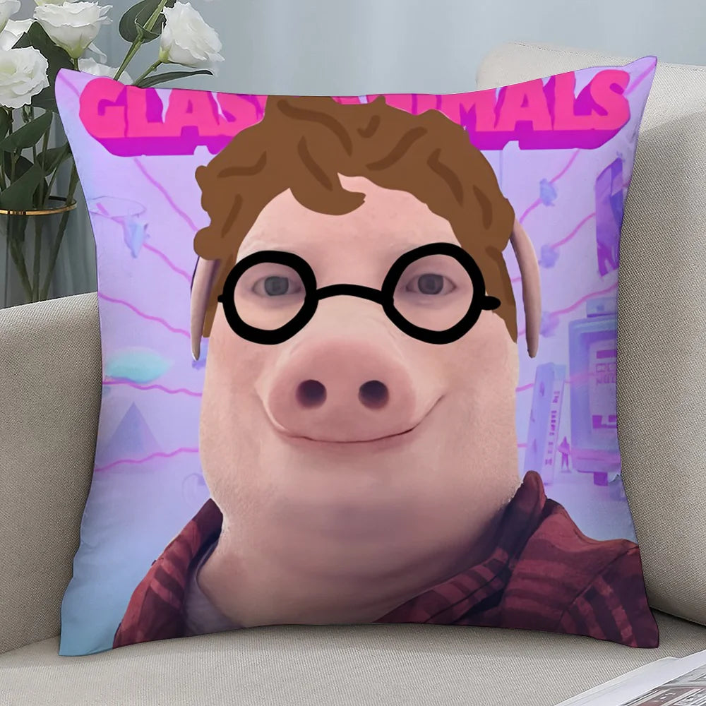 A novelty throw pillow featuring a cartoon pig character with glasses and pink text.