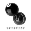 A black metal push-to-start button cover with a billiard ball design shown from above.