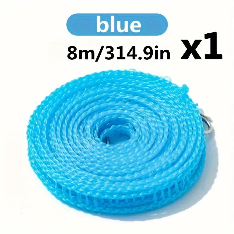 Blue windproof portable clothesline with anti-slip design, 8 meters long.