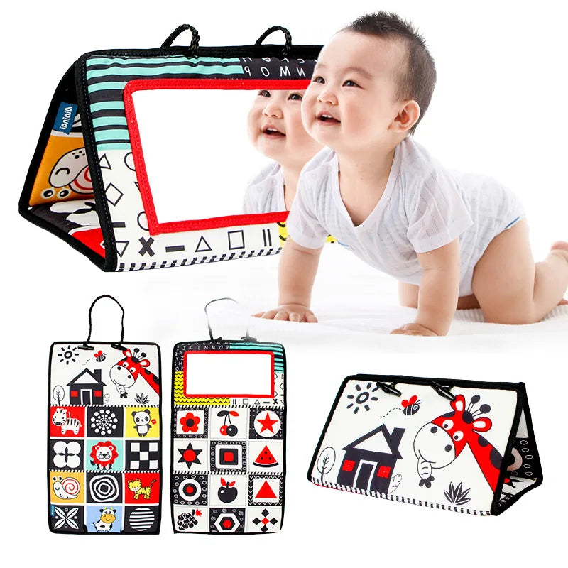A high-contrast crinkle cloth book with a tummy time mirror for babies, featuring various colorful patterns and a window fram