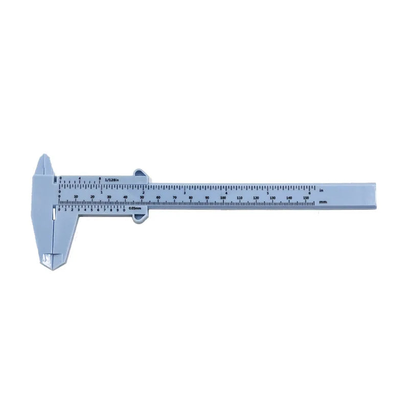 Light blue plastic vernier caliper tool used for measuring inside, outside, depth, and step dimensions.