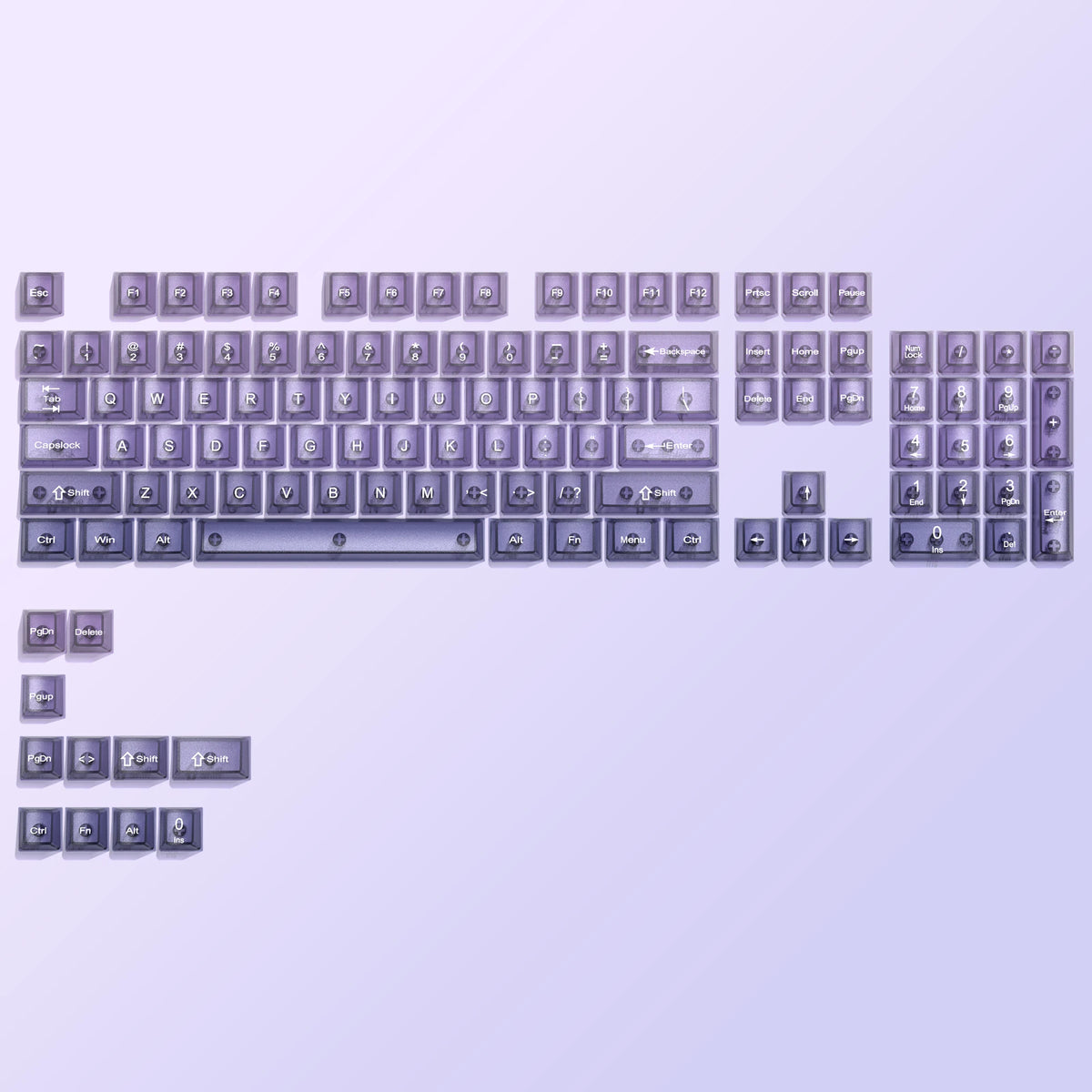 A full set of 115 keycaps with a crystal clear RGB backlit design in MDA profile.