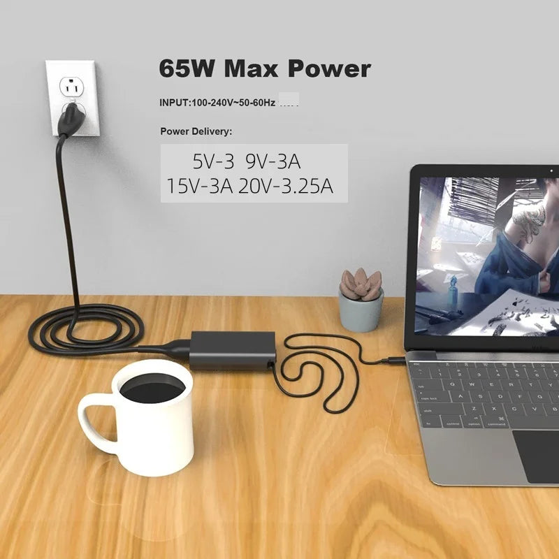 65W USB-C Laptop Charger for Dell Latitude, XPS, and Chromebook