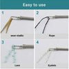 Four parts of a spring drawstring needle threader tool showing wear elastic, rope, lace, and eyelets.