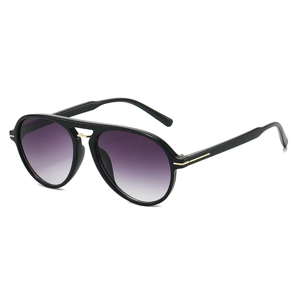Black retro double-beam pilot sunglasses with gold accents
