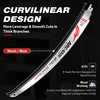 A close-up view of an ARC-EDGE curved design saw blade for wood pruning and cutting.