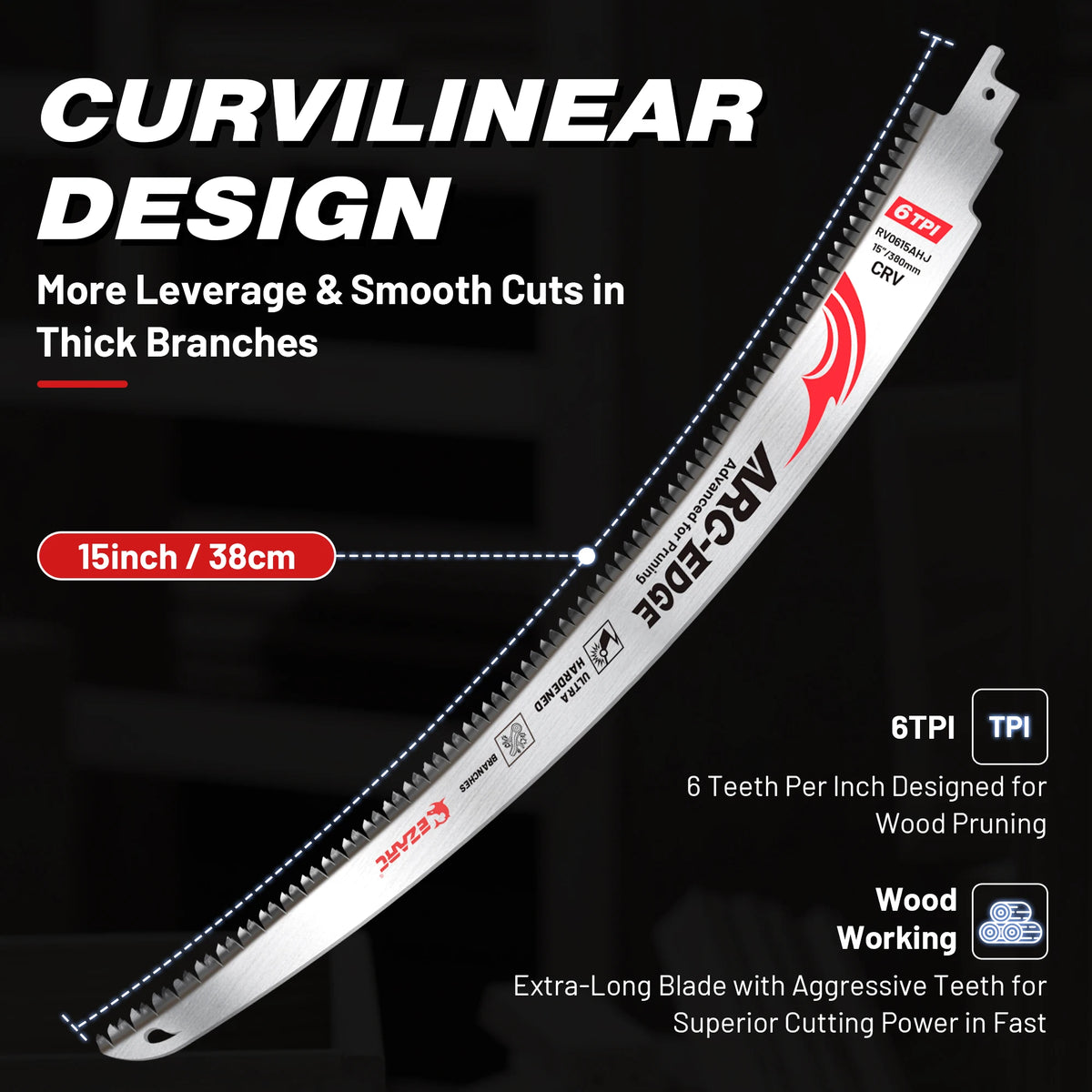 A close-up view of an ARC-EDGE curved design saw blade for wood pruning and cutting.