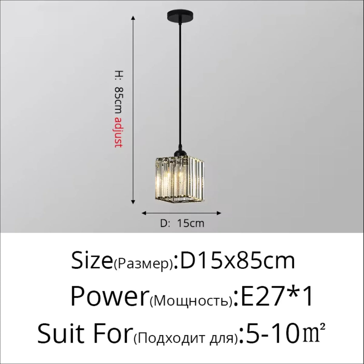 A crystal pendant light fixture with an iron frame suspended from the ceiling.