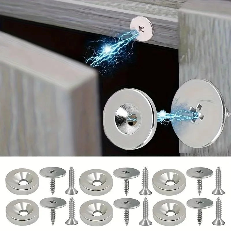 Close-up of a hidden magnetic door catch mechanism being installed on a cabinet or wardrobe door.