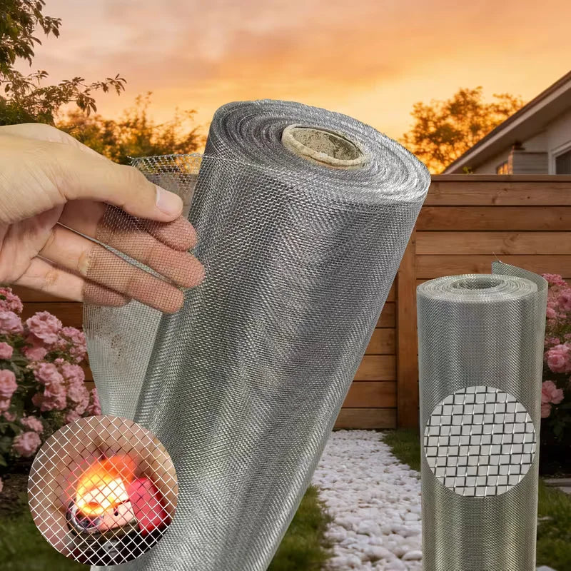 A hand holds a roll of 304 stainless steel mesh screen for windows and ventilation against an orange sunset backdrop.