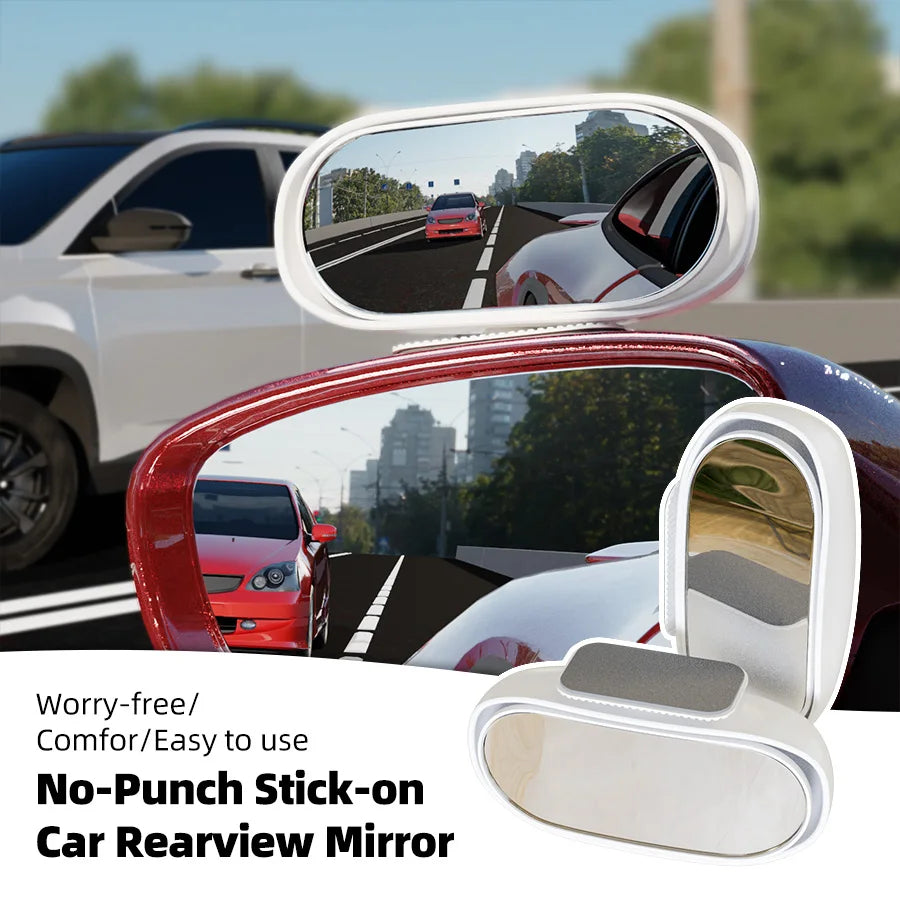 A stick-on car rearview mirror is shown mounted on a vehicle, demonstrating its use for a rear view.