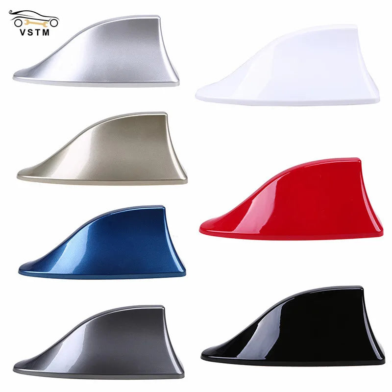 A collection of various colored car shark fin antenna covers shown from different angles.