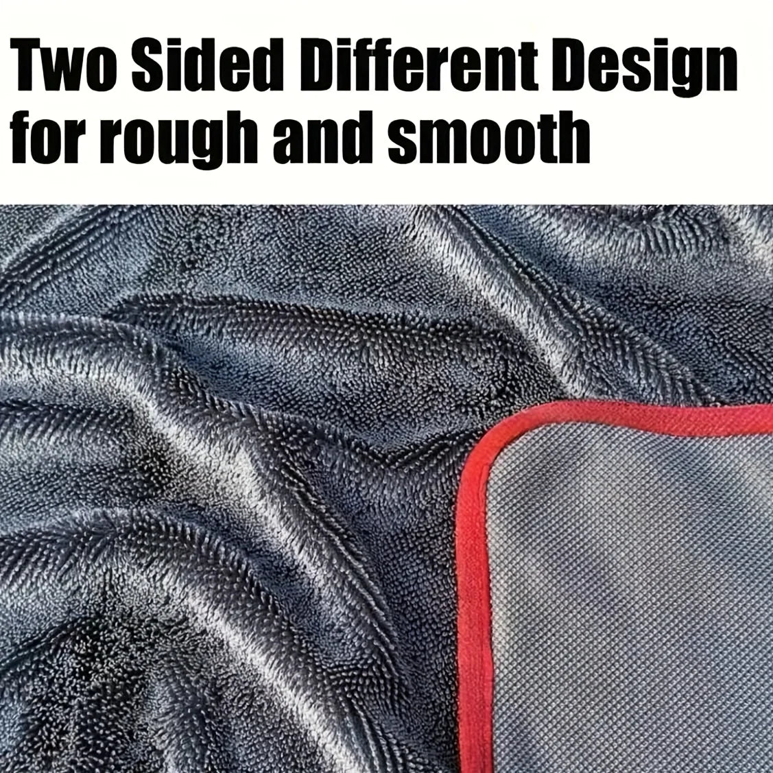 Two sided design for rough and smooth surfaces shown on a dark fabric towel