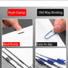 Comparison of push clamp and old way binding methods for stapling paper, showing thin and thick stack options.