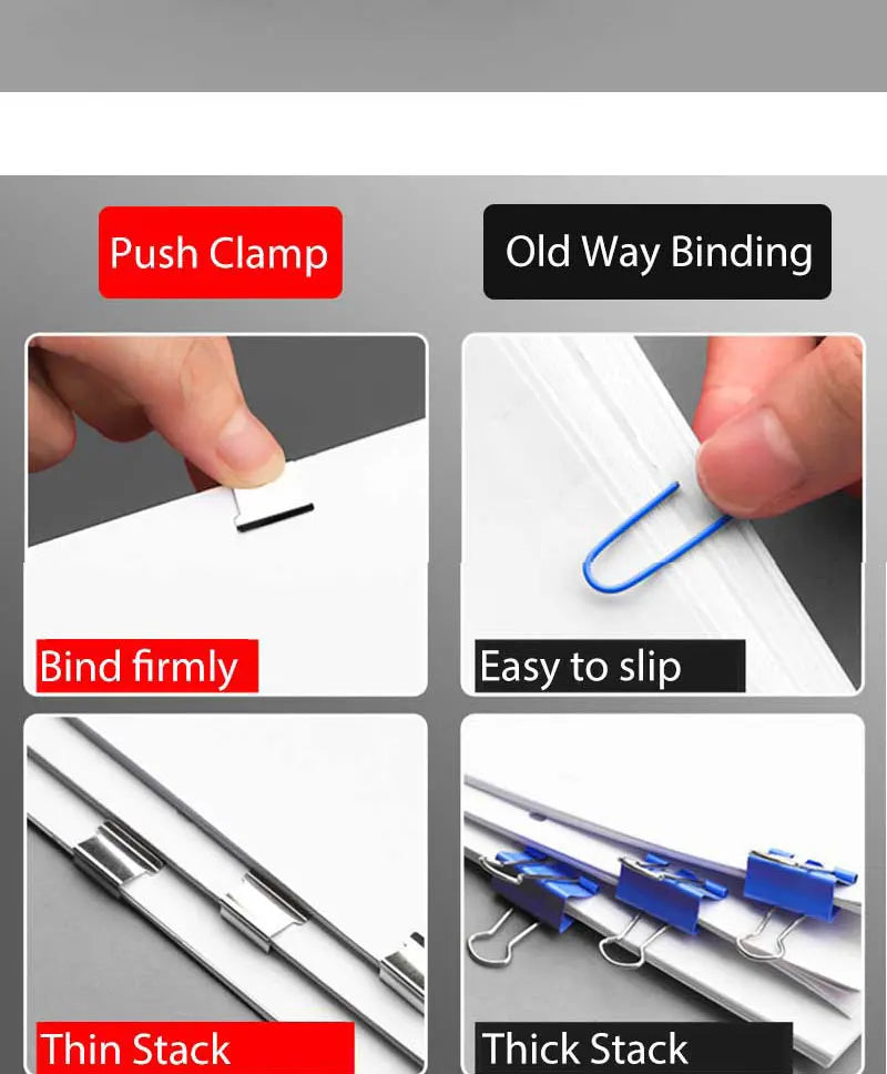 Comparison of push clamp and old way binding methods for stapling paper, showing thin and thick stack options.