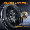 Close-up of an automotive headlight assembly showing E24 DOT approval markings and a legal street approval seal.