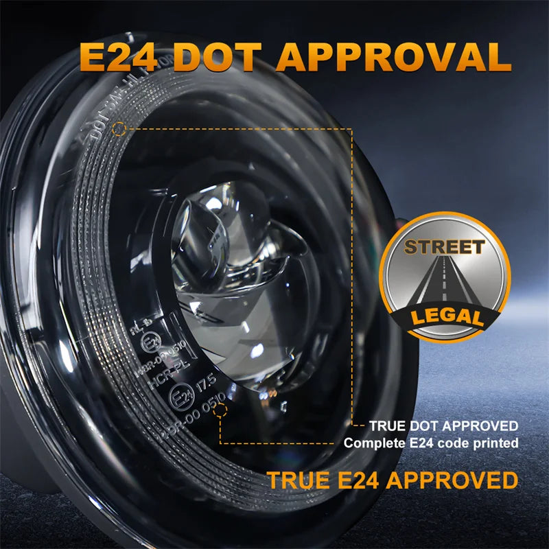 Close-up of an automotive headlight assembly showing E24 DOT approval markings and a legal street approval seal.