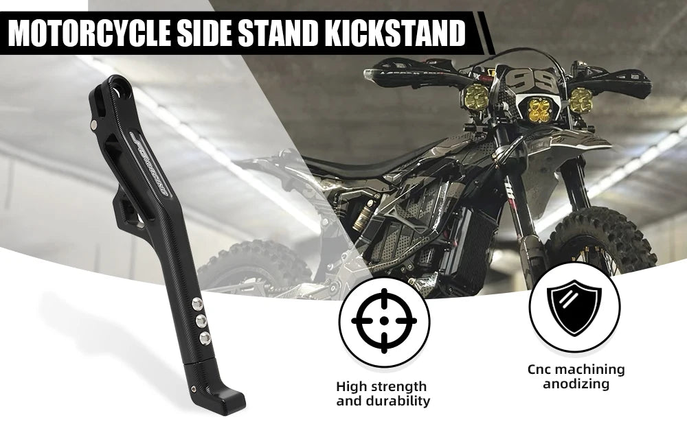 A black CNC machined anodized motorcycle side stand kickstand for a dirt bike.