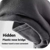 Close-up of a gray winter balaclava showing a hidden plastic nose bridge feature.