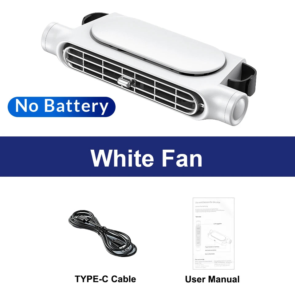 White portable car seat cooling fan shown with a Type-C cable and user manual.