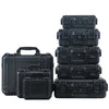 A stack of black rugged waterproof hard cases, including a larger case and several smaller ones.