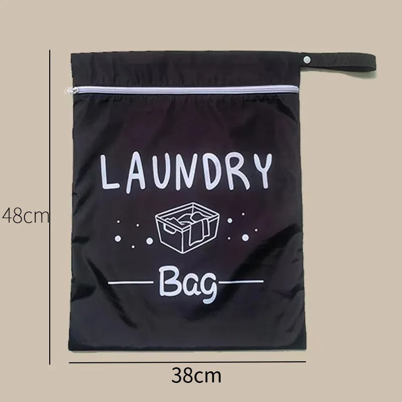 Black portable waterproof laundry bag with white text reading LAUNDRY Bag