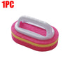 A pink and yellow multipurpose sponge cleaning brush with a white handle.