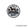 Black and white embroidered patch featuring a brown dog silhouette and birds, with the text Southern Boy.
