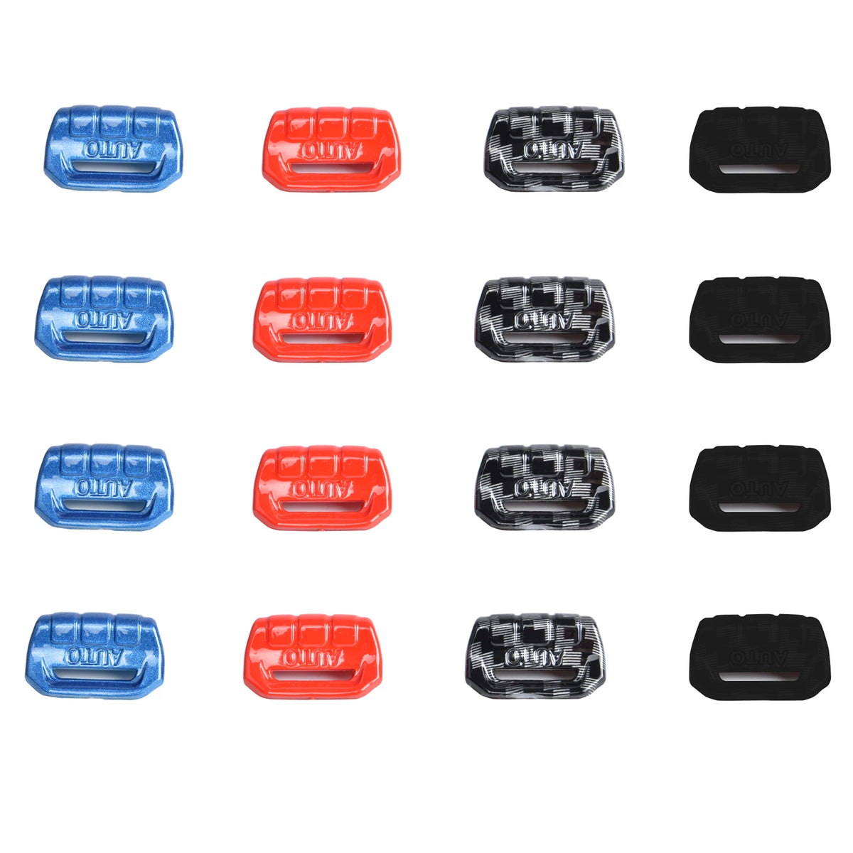A collection of twelve window switch trim covers for Jeep Wrangler JL and Gladiator JT vehicles in various colors including b