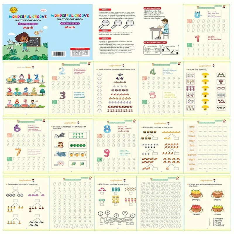 Reusable magic copybooks for kids featuring math and handwriting practice exercises