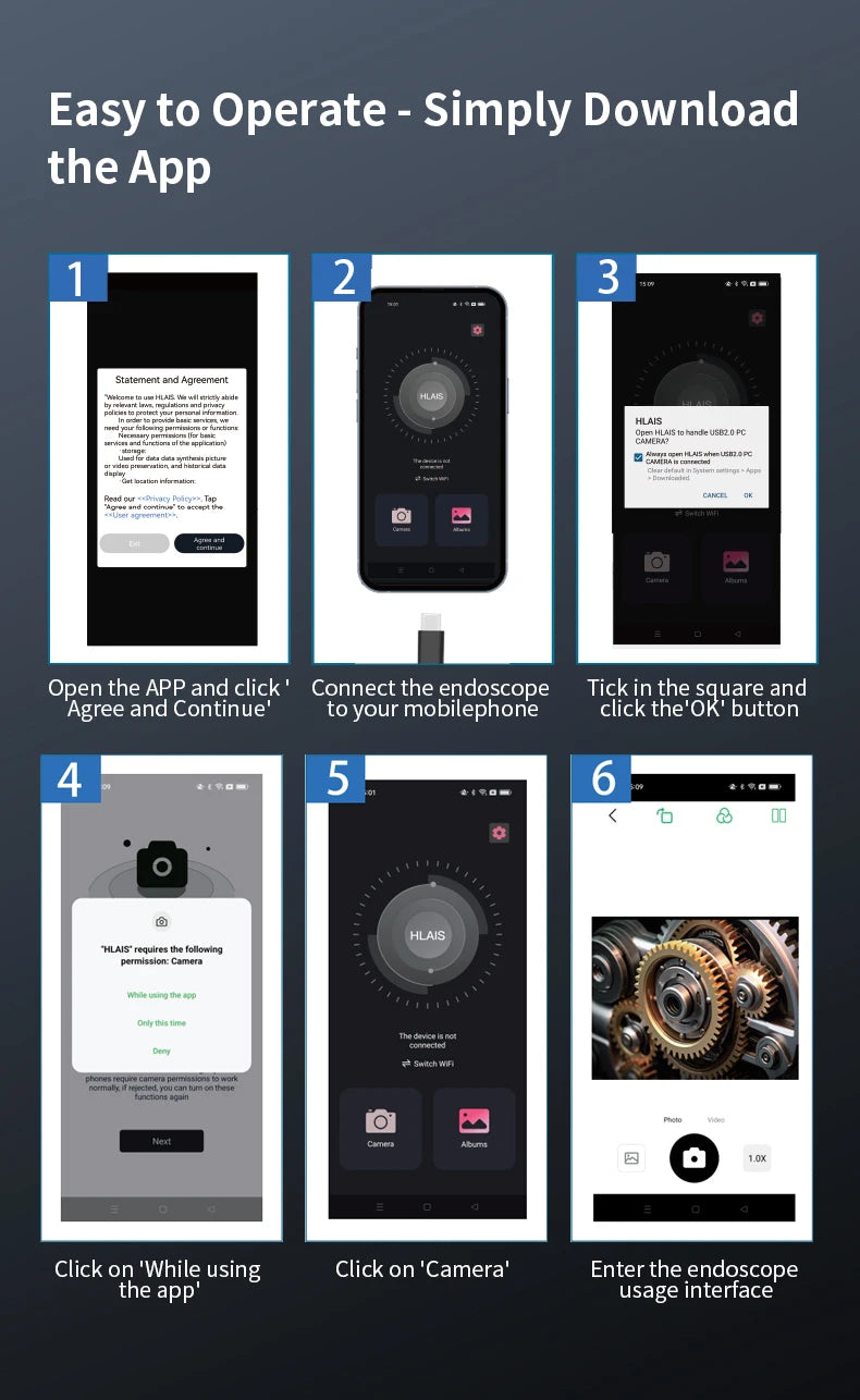 A six-step guide showing how to download and use an inspection camera app on a mobile phone.