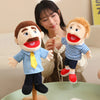 A hand puppet set featuring two characters, a man and a boy, used for storytelling and role play.