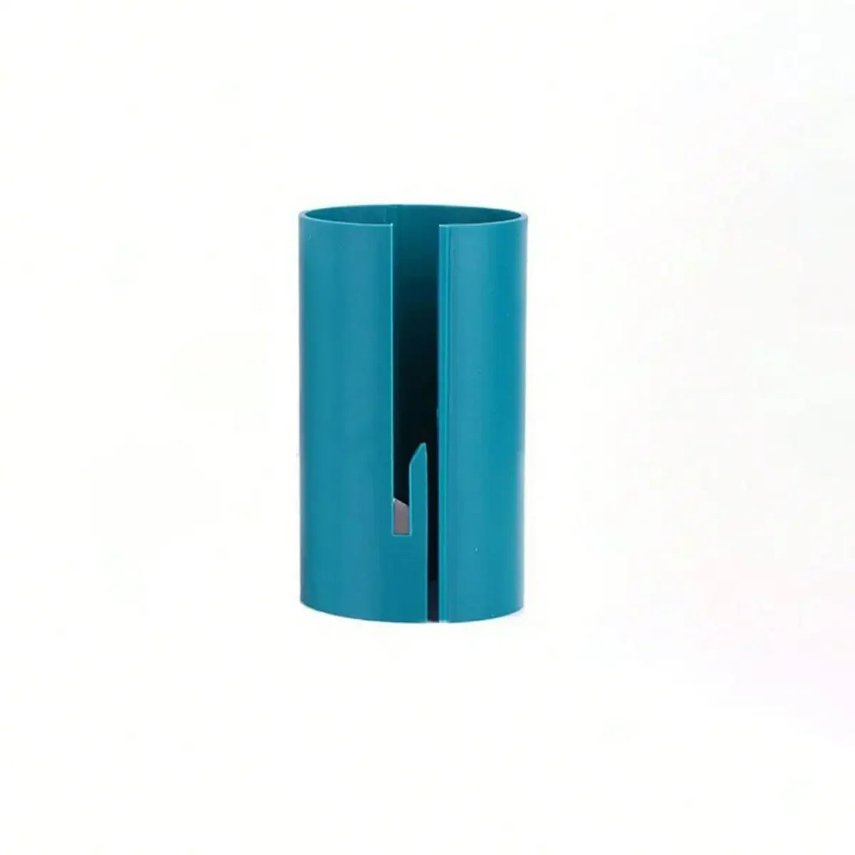 A teal portable wrapping paper cutter with a sliding blade visible inside the casing.