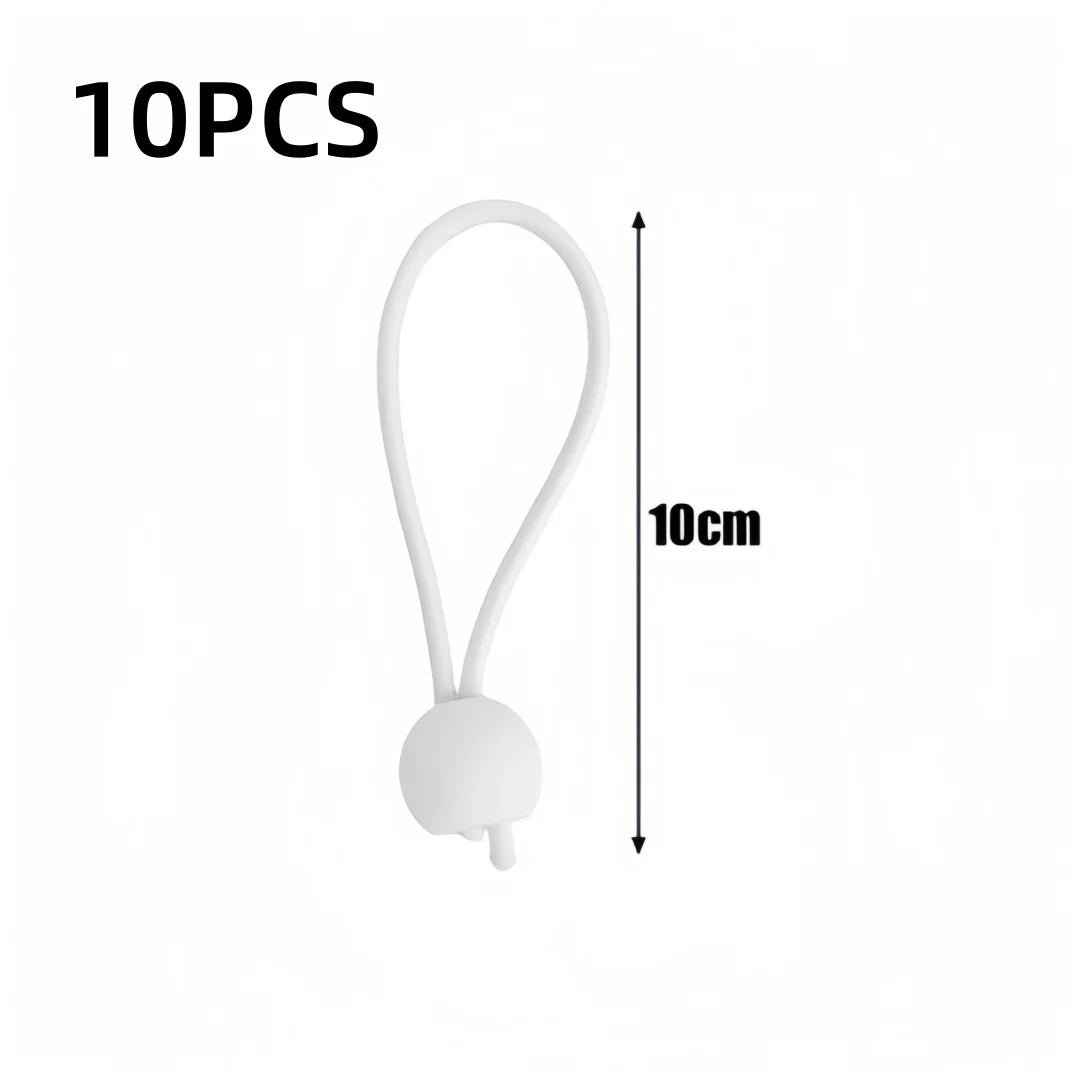 Ten white elastic tent tie-down ropes with plastic buckles shown vertically.