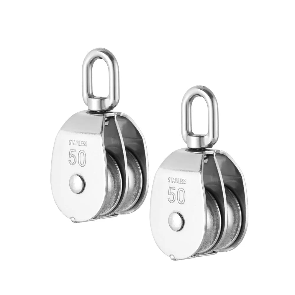 A pair of stainless steel heavy duty swivel double pulley blocks with a 50mm size marking.