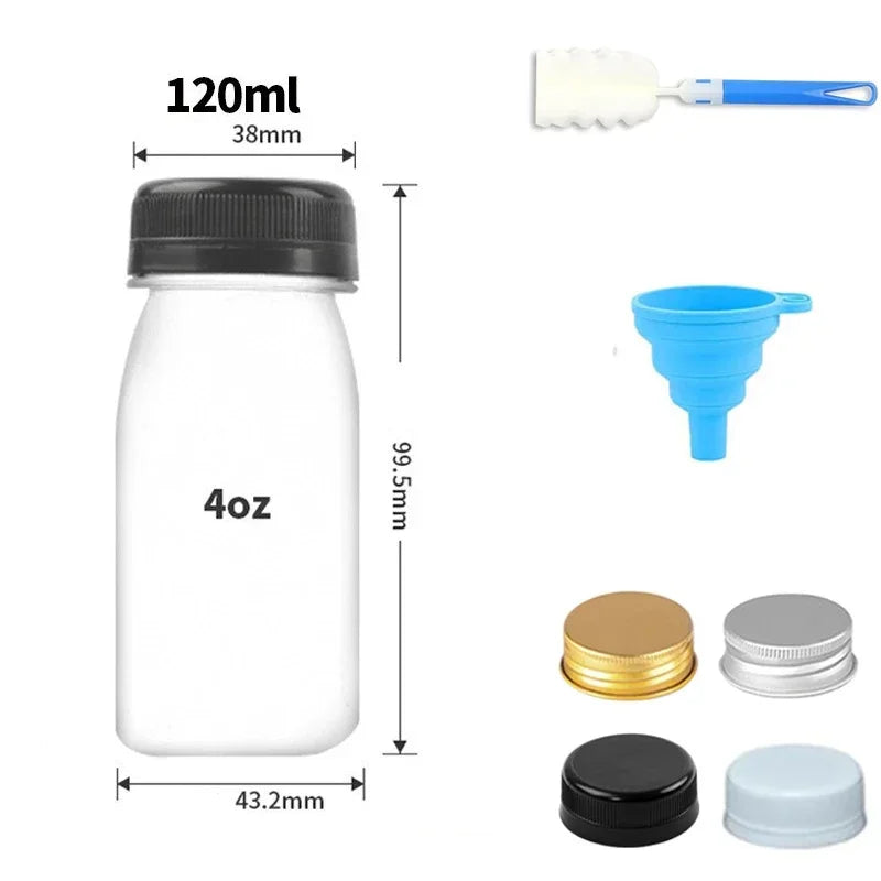 A set of reusable white plastic juice bottles with black caps, a blue funnel, and a white spatula.
