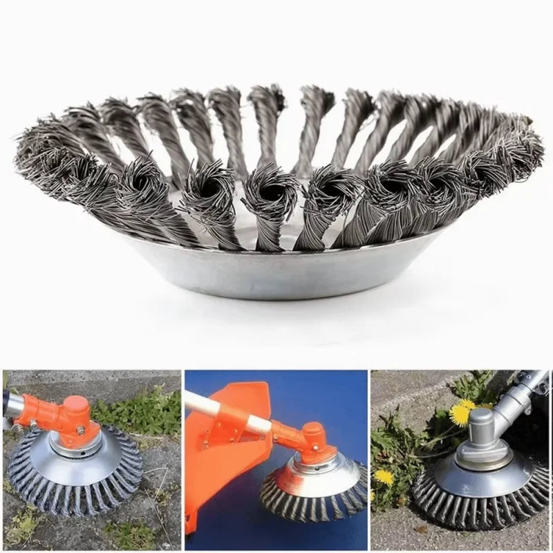 A collection of heavy-duty steel wire wheel brushes for lawn mowers and trimmers shown in various angles.