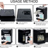 Instructions showing how to use an electronic password piggy bank with automatic bill feeder
