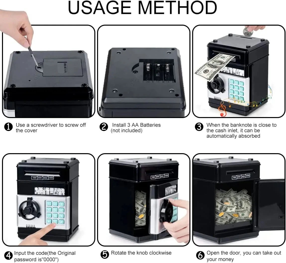 Instructions showing how to use an electronic password piggy bank with automatic bill feeder