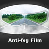 A close-up view of an anti-fog film applied to a motorcycle helmet, designed to shield against fog and rain.