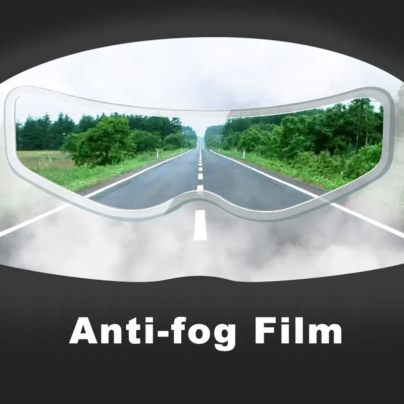 A close-up view of an anti-fog film applied to a motorcycle helmet, designed to shield against fog and rain.