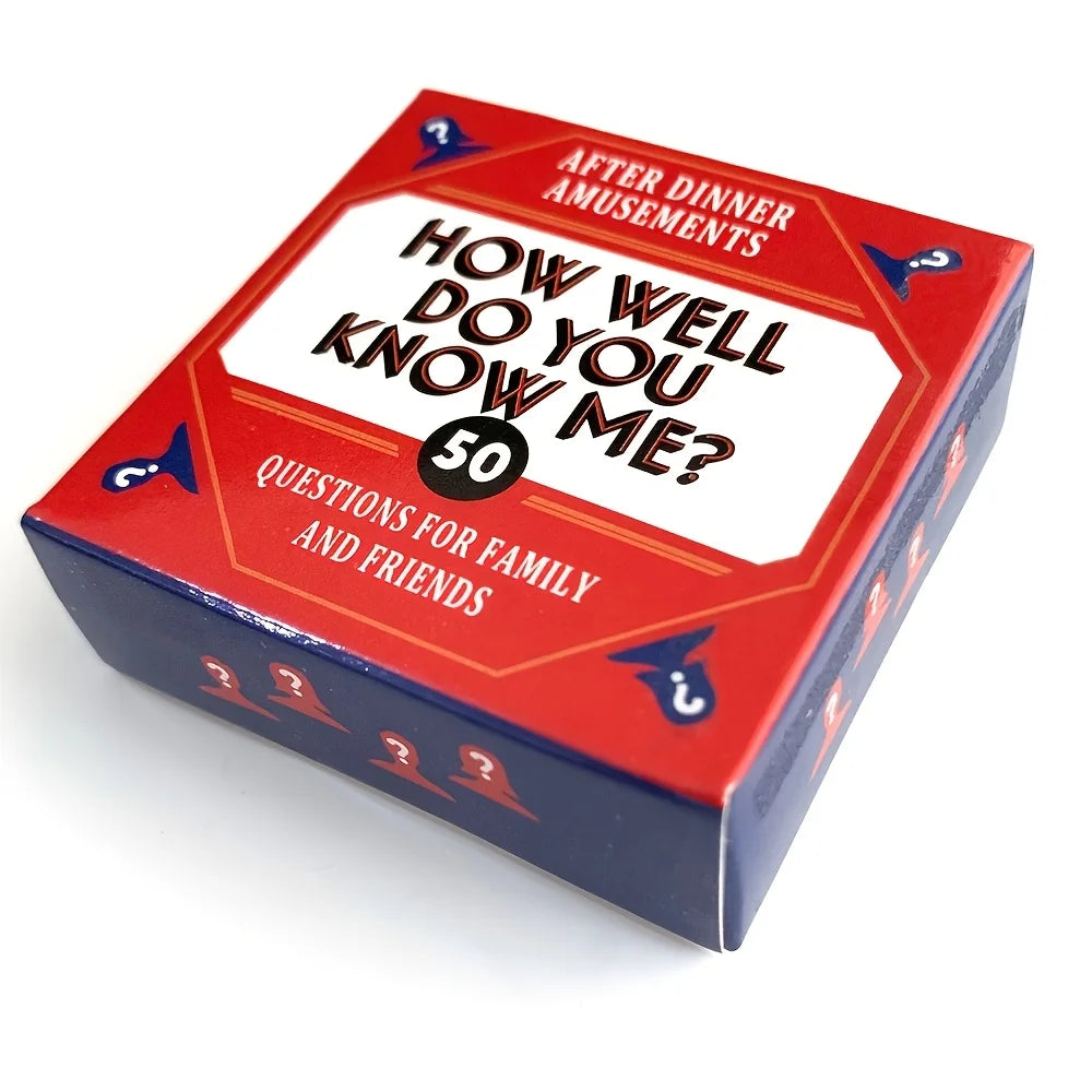 A red box for the How Well Do You Know Me? party game containing 50 questions for family and friends.