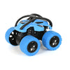 Blue off-road stunt car with black wheels and chassis.