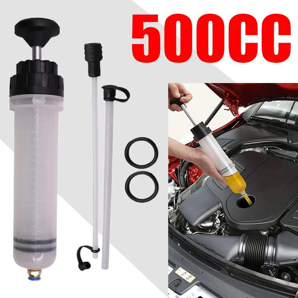 A set of manual brake fluid and oil extractor pumps including a large syringe, a long pump, and two rings.
