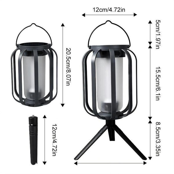 Linterna negra de llama parpadeante solar, diseño colgante con bombilla separada.