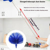 An elongated telescopic dust duster with a blue fuzzy head is shown cleaning high places in a kitchen cabinet.
