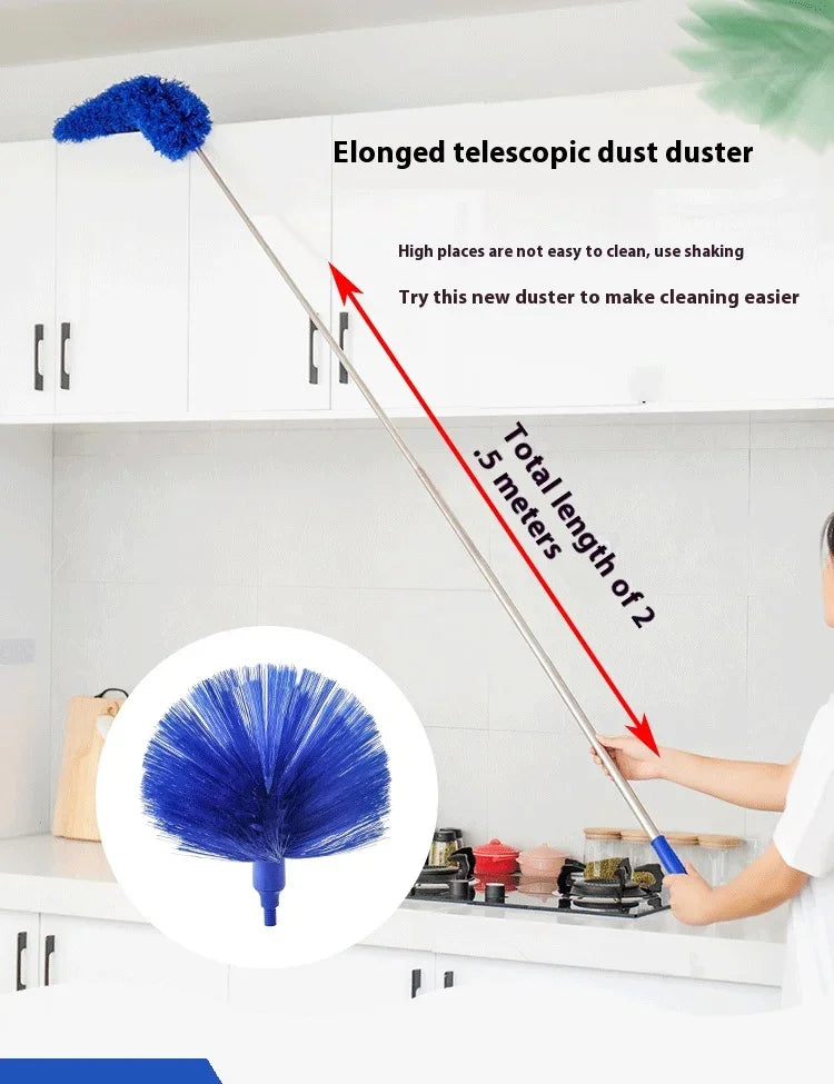 An elongated telescopic dust duster with a blue fuzzy head is shown cleaning high places in a kitchen cabinet.
