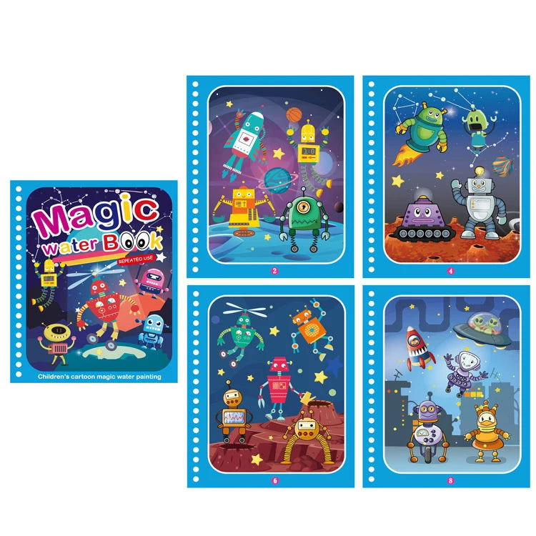 A set of six reusable magic water drawing books featuring colorful cartoon characters and scenes for children.