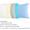 A row of five soft microfiber pillowcases in white, cream, gray, teal, and light blue, showing various sizes.