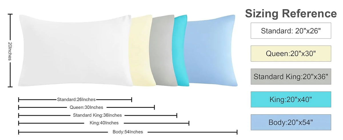 A row of five soft microfiber pillowcases in white, cream, gray, teal, and light blue, showing various sizes.